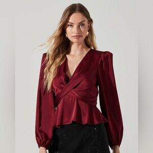 ASTR The Label Eliana Satin Puff Sleeve Twist Front Top